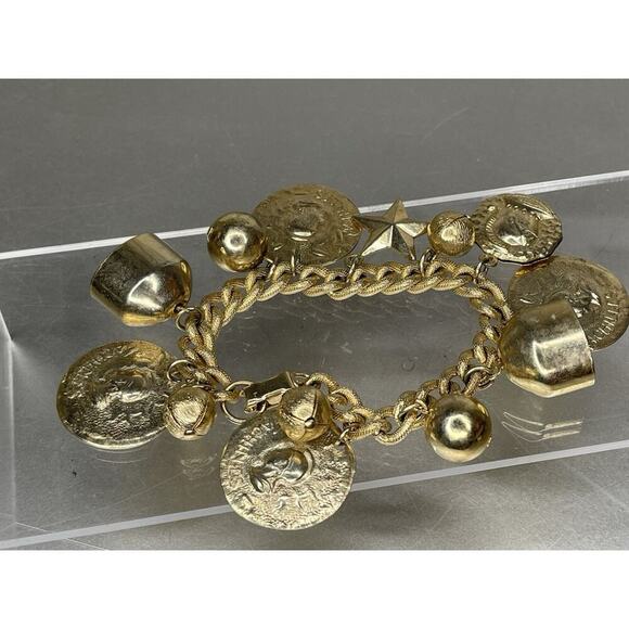 Vintage Gold Charms Roman Coin Charm Bracelet Bells Stars Chunky Statement - Picture 2 of 3
